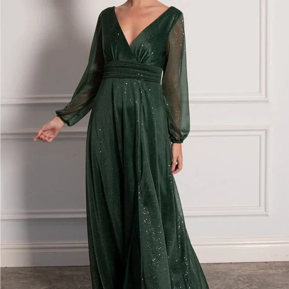 Long Sleeve Sparkly Split Formal Dress - Picture 2 of 3